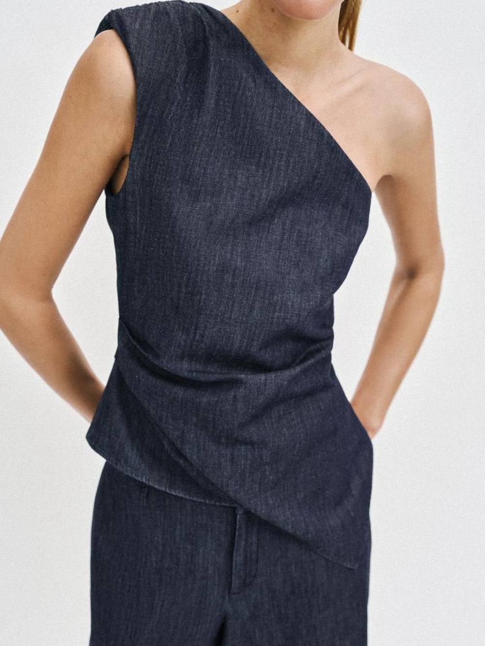 NWT Zara dark indigo denim one-shoulder top